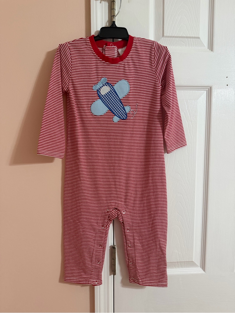 Red Striped Baby Romper with Blue Airplane Appliqué